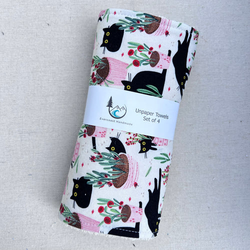 Cats and Plants on Cream Unpaper Towels - Set of 4