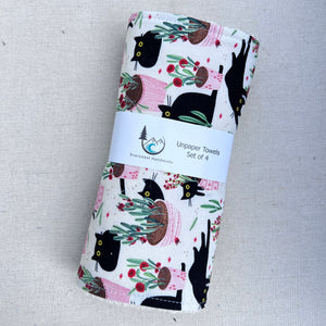 Cats and Plants on Cream Unpaper Towels - Set of 4