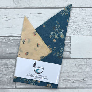 Teal Floral Beeswax Wraps – Classic Set of 3