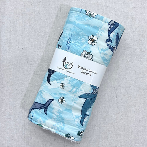 Floral Whale on Mint Unpaper Towels - Set of 4