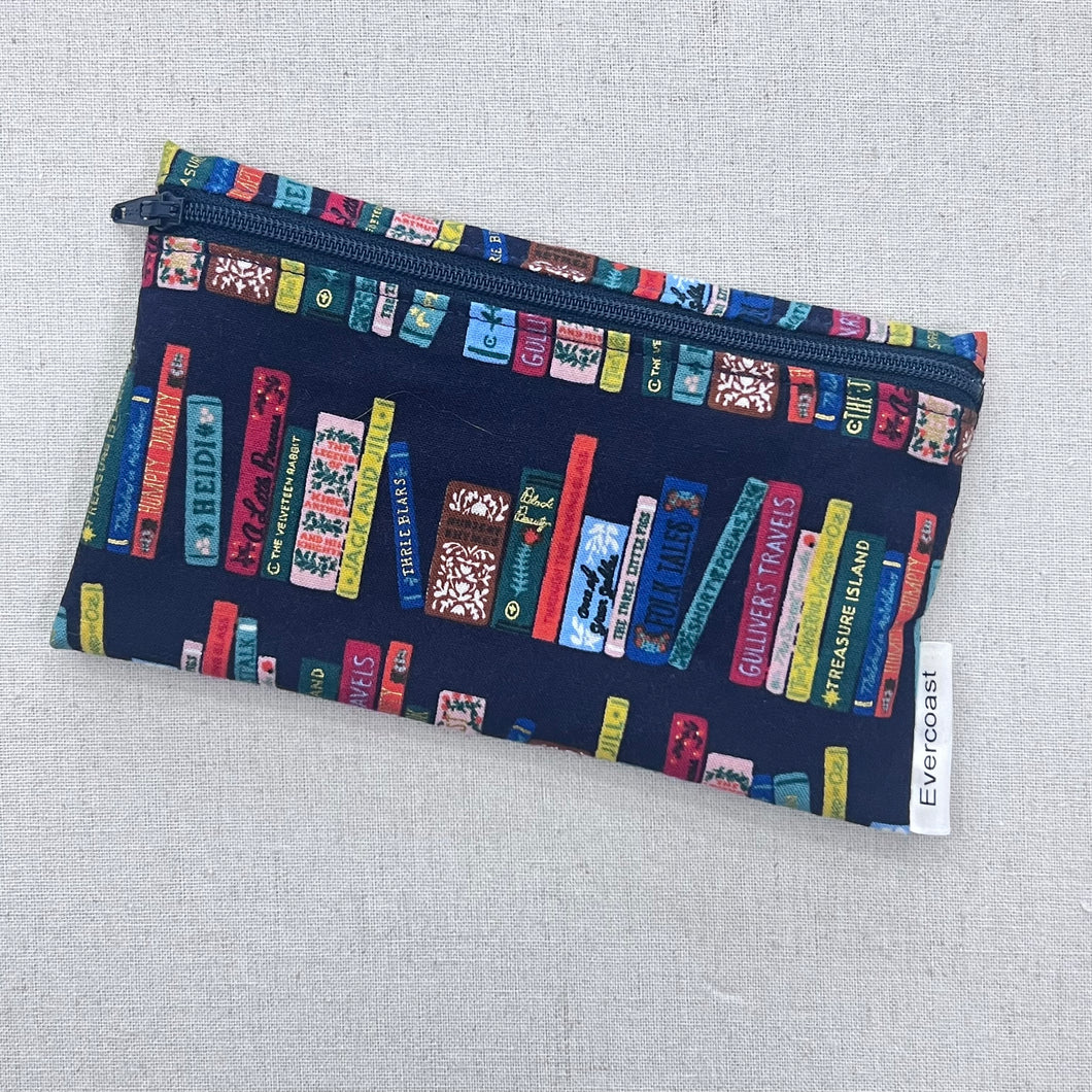 Bookshelf on Navy Reusable Snack Bag