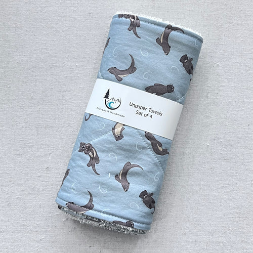 River Otter on Muted Blue Unpaper Towels - Set of 4