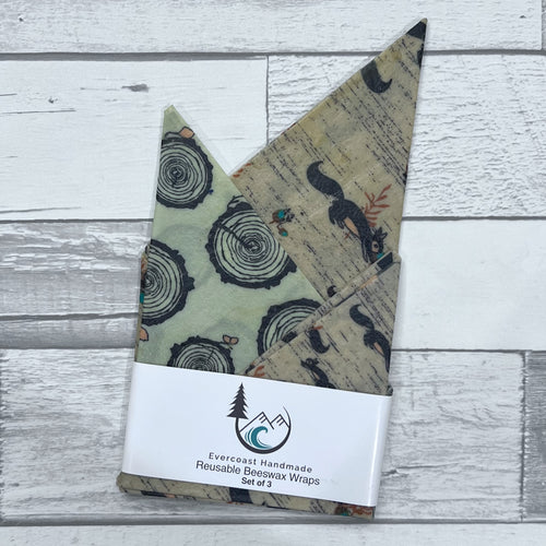 Squirrels and Logs Beeswax Wraps – Classic Set of 3