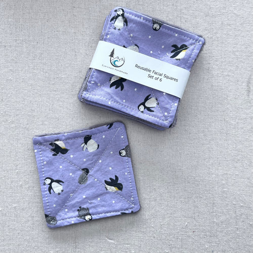 Tossed Penguins on Purple Reusable Facial Squares