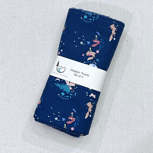 Forest Animals on Navy Towels - Set of 4