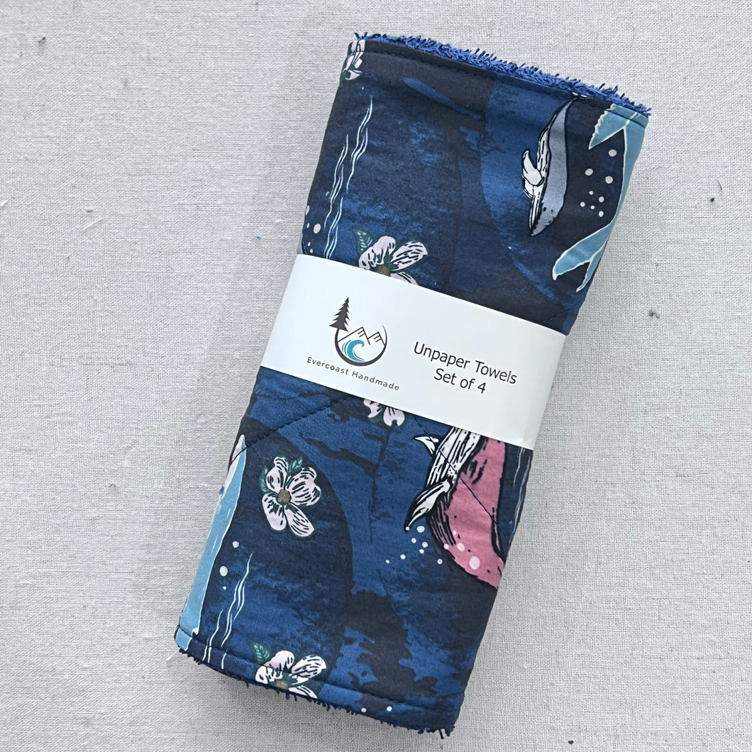 Floral Whales Unpaper Towels - Set of 4