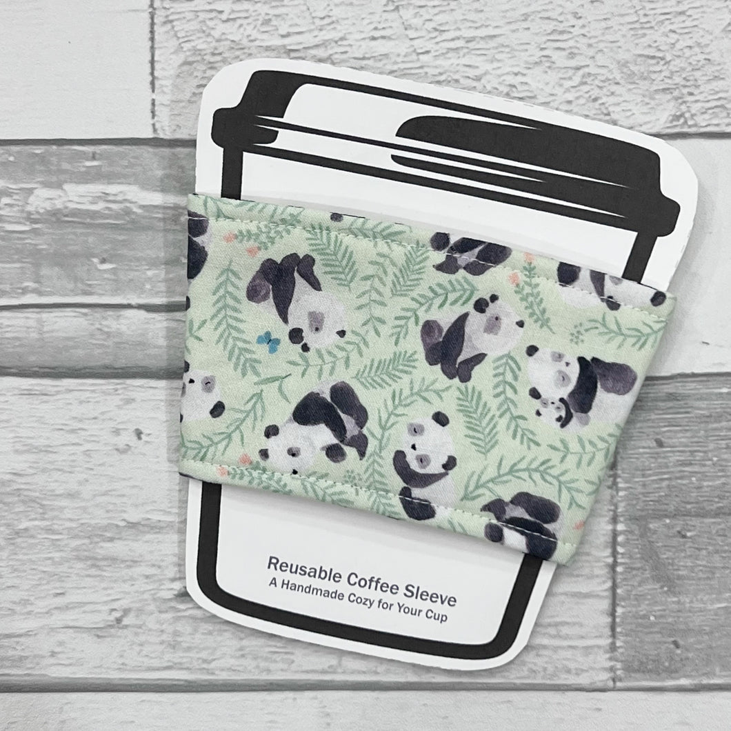Pandas on Green Reusable Coffee Sleeve