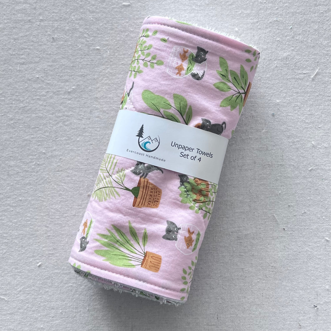 Cats and Plants on Pink Unpaper Towels - Set of 4
