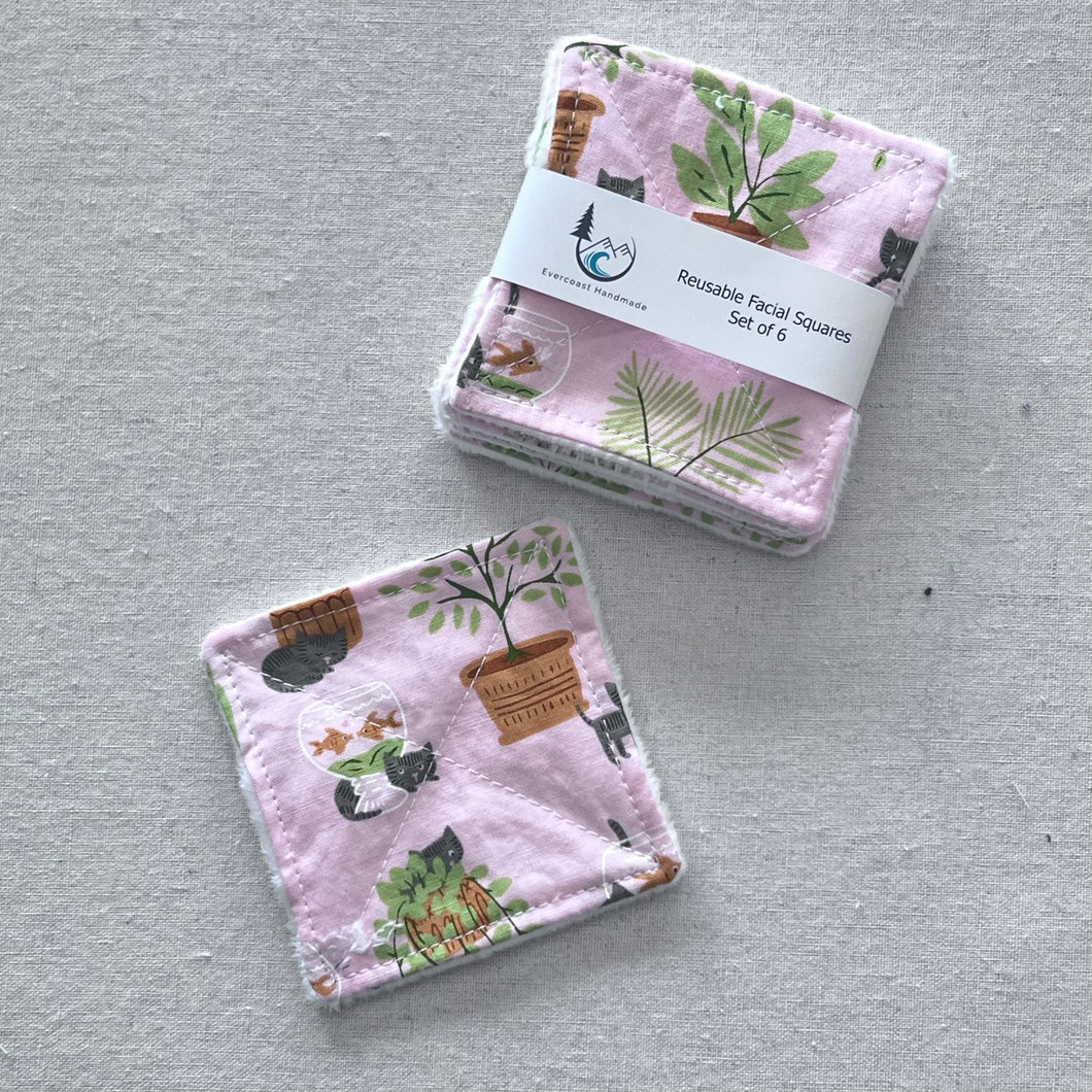 Cats and Plants on Pink Reusable Facial Squares