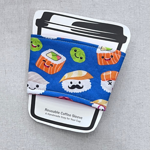 Sushi on Blue Reusable Coffee Sleeve