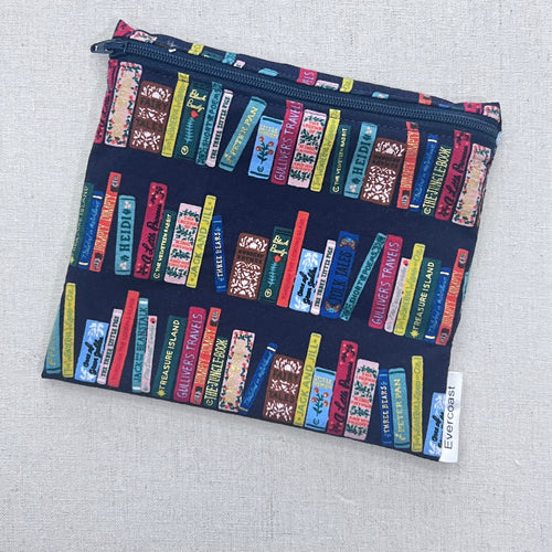 Bookshelf on Navy Reusable Sandwich Bag