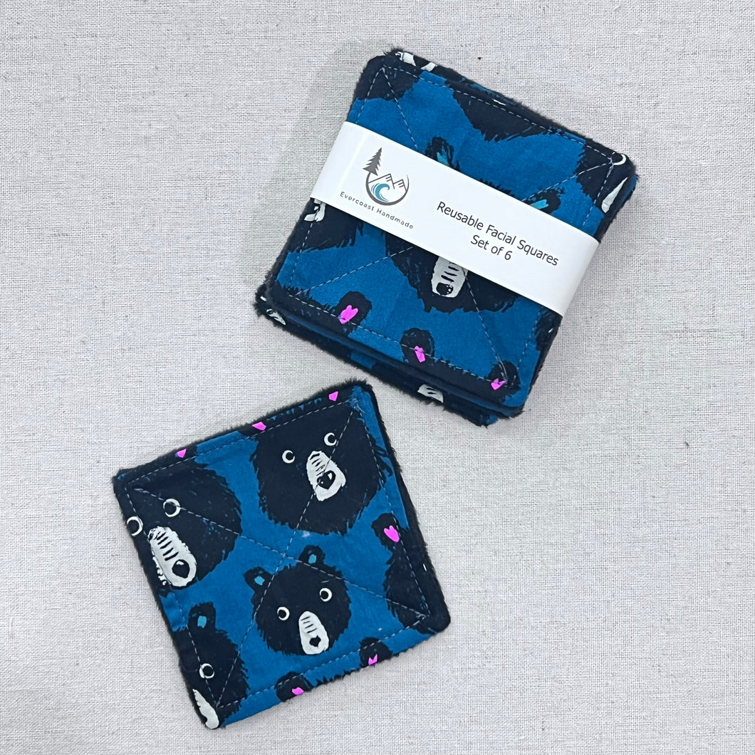 Teddy Bear Faces on Blue Reusable Facial Squares