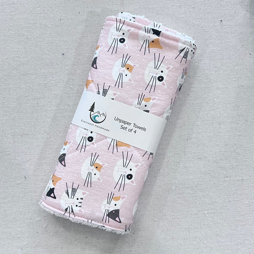 Cat Faces on Pink Unpaper Towels - Set of 4
