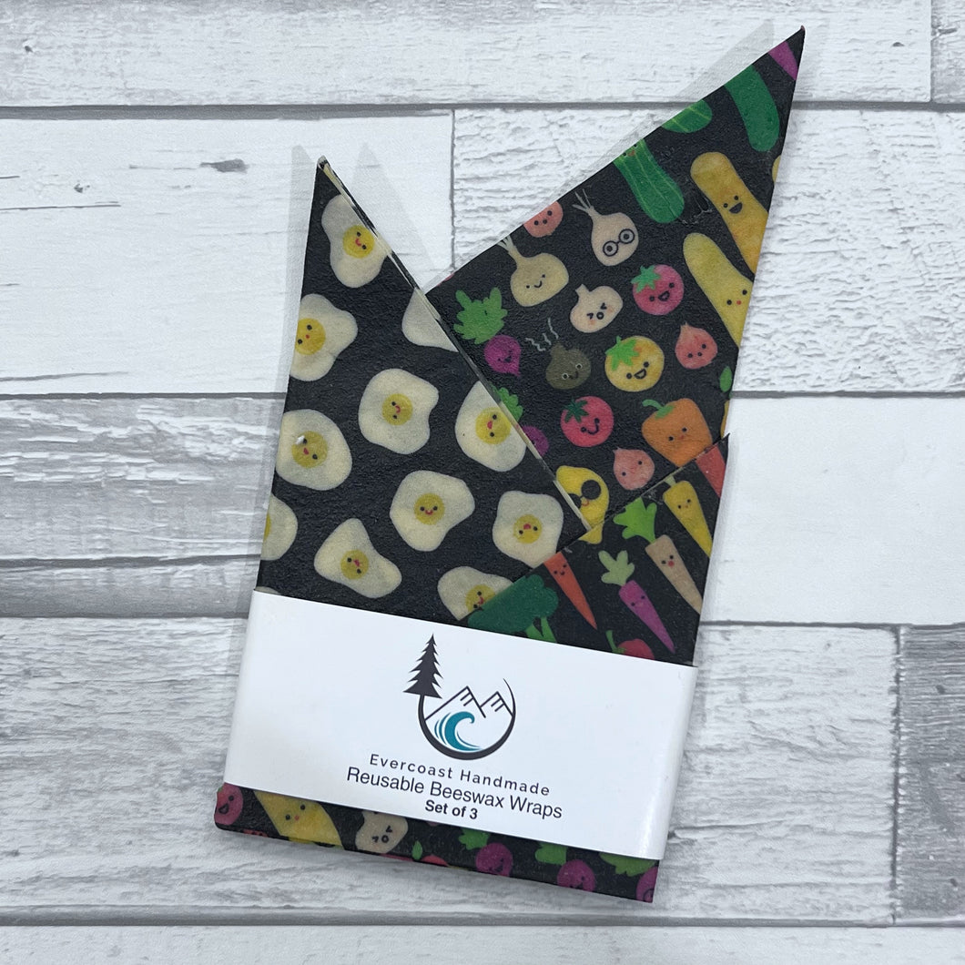 Smiling Veggies and Eggs Beeswax Wraps – Classic Set of 3