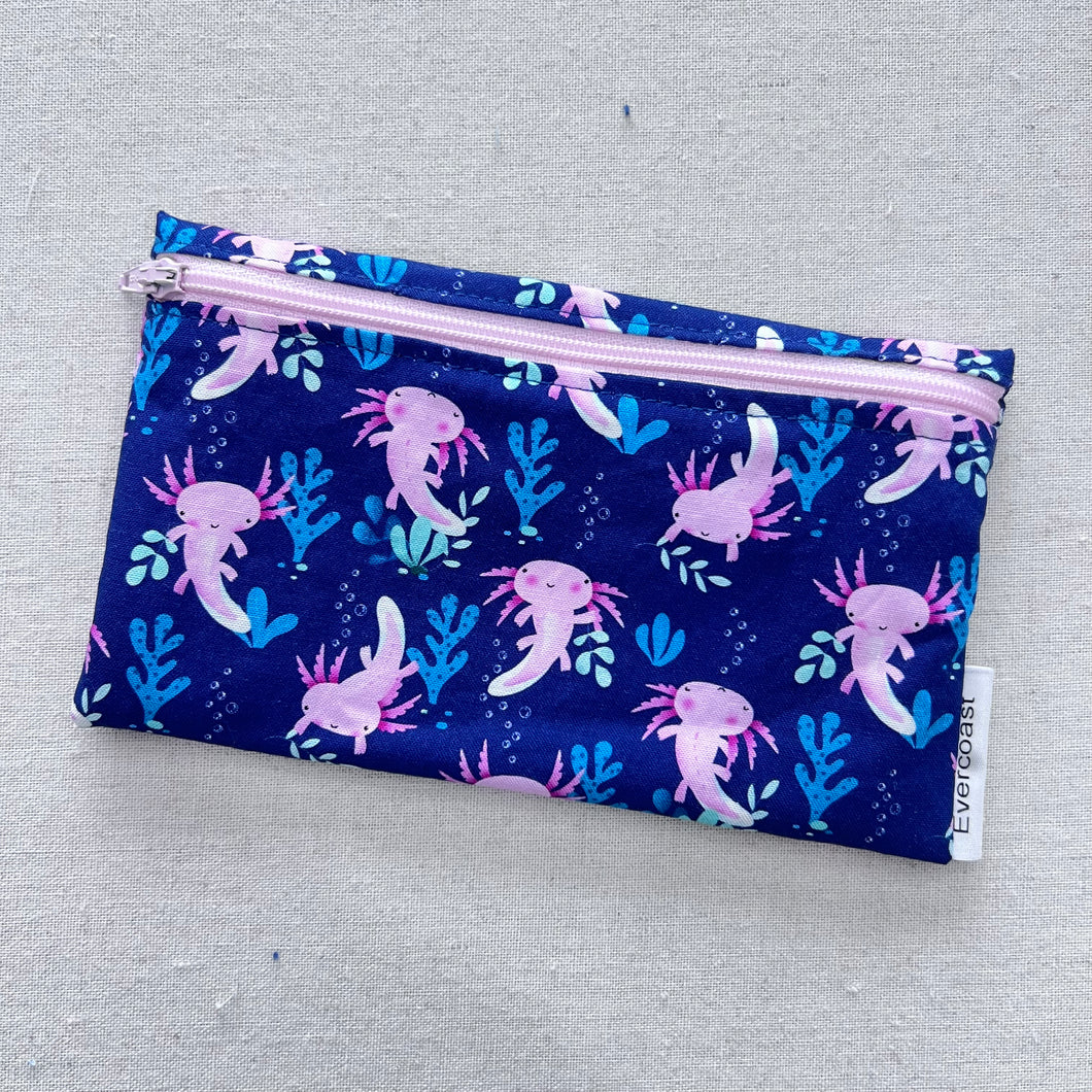 Axolotls on Navy Reusable Snack Bag