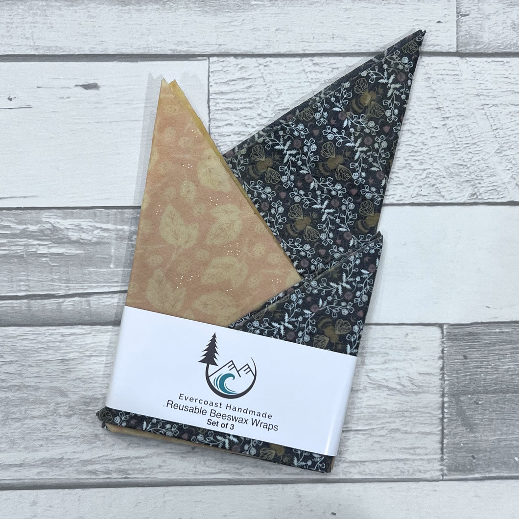 Charcoal Floral Bee Beeswax Wraps – Classic Set of 3