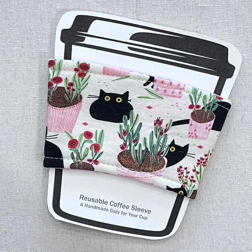 Cats and Plants on Cream Reusable Coffee Sleeve