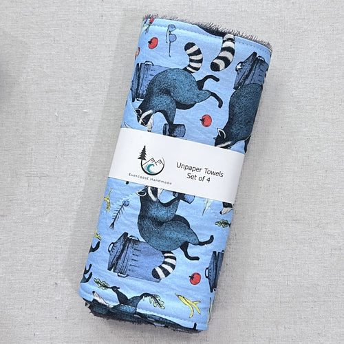 Raccoons on Blue Unpaper Towels - Set of 4