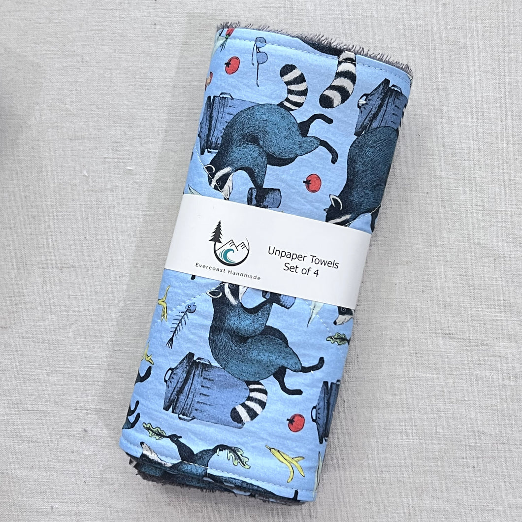 Raccoons on Blue Unpaper Towels - Set of 4