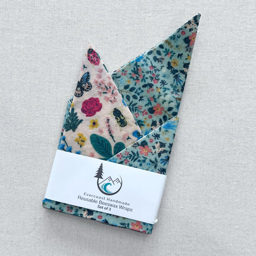 Blue and Pink Floral Beeswax Wraps – Classic Set of 3