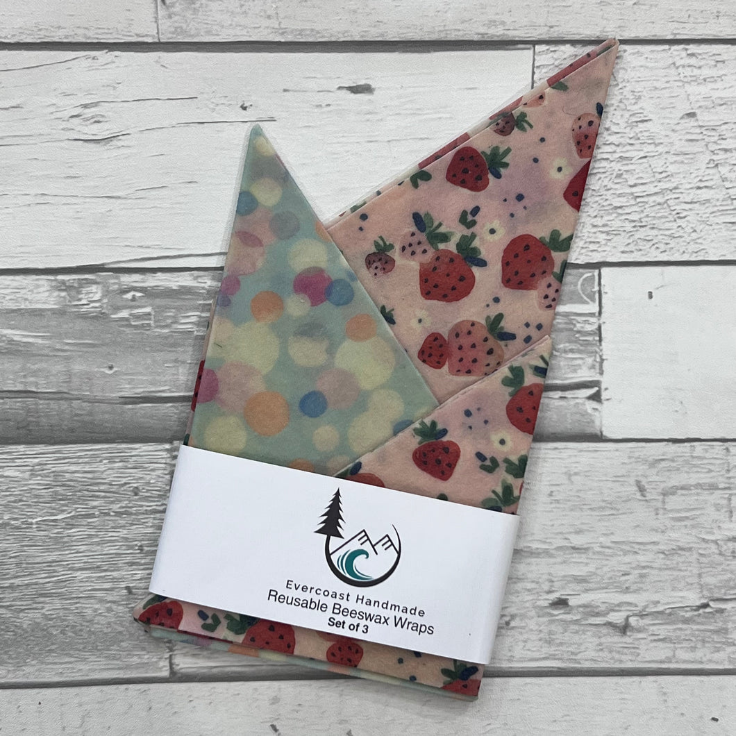 Fairy Forest Strawberries Beeswax Wraps – Classic Set of 3