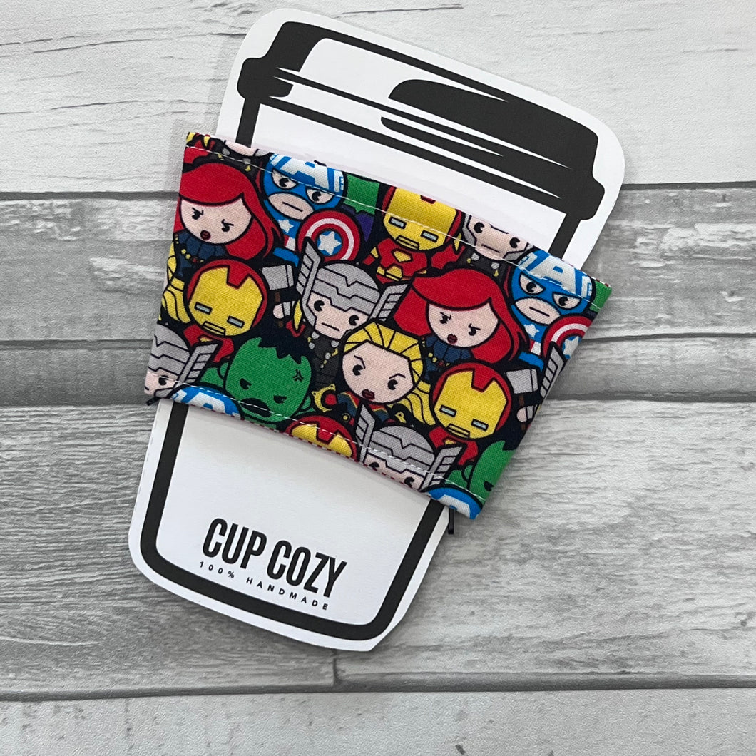 Packed Super Heros Take Out Coffee Cozy
