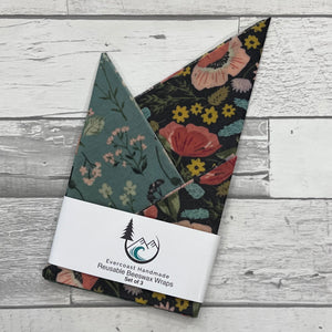 Charcoal and Blue Floral Beeswax Wraps – Classic Set of 3