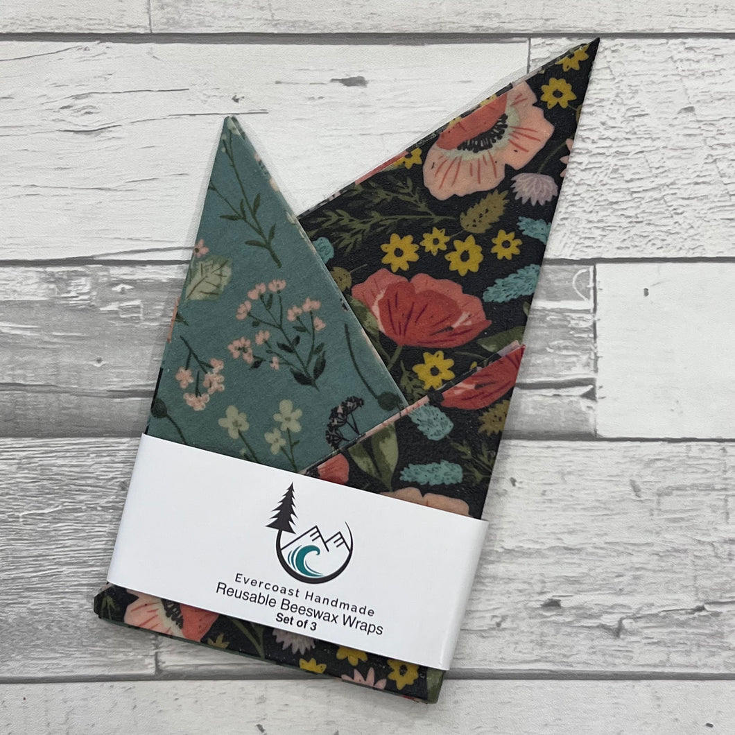 Charcoal and Blue Floral Beeswax Wraps – Classic Set of 3