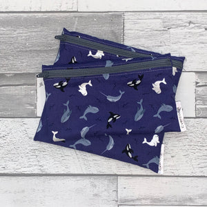 Tossed Orca on Purple Reusable Snack Bag Set