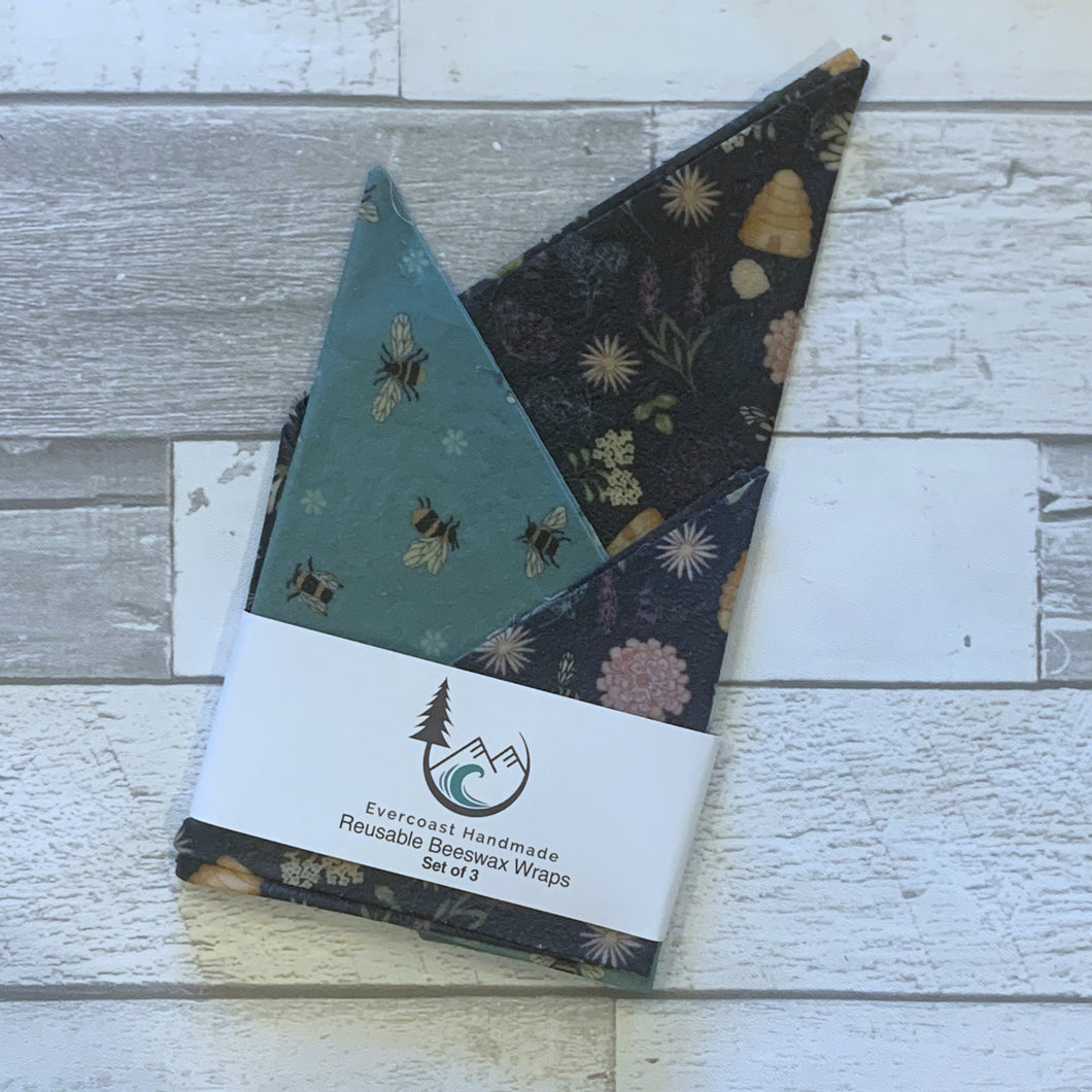 Periwinkle Floral and Bee Beeswax Wraps – Classic Set of 3