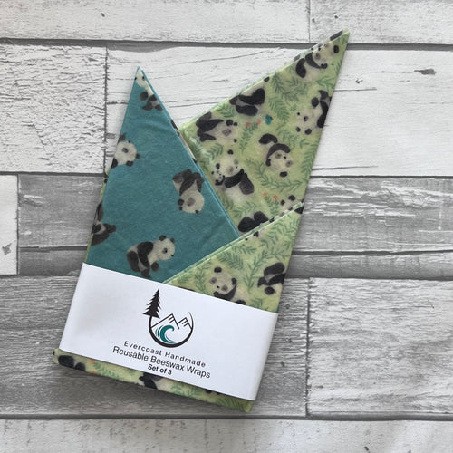 Pandas on blue and Green Beeswax Wraps – Classic Set of 3