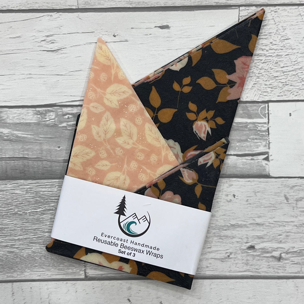 Charcoal Floral Beeswax Wraps – Classic Set of 3
